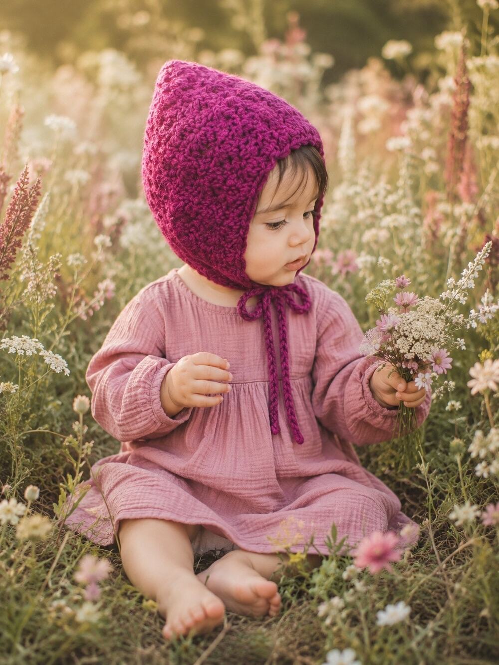 Capturing Moments Cranberry Soft Knitted pixie Baby Bonnet